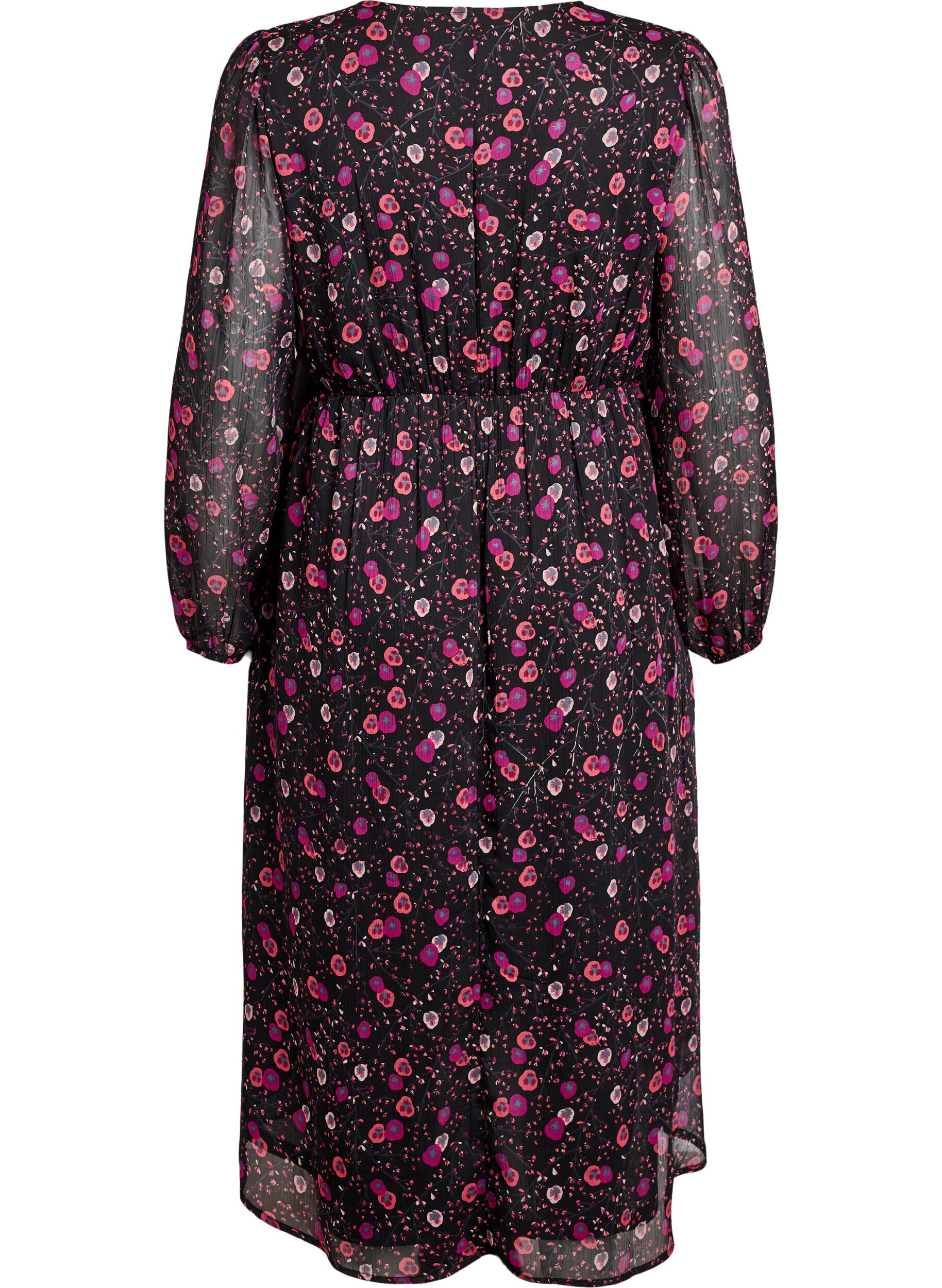 ZizziKjole i chiffon med blomsterprint og lange &aelig;rmer, Sort, Packshot image number 1