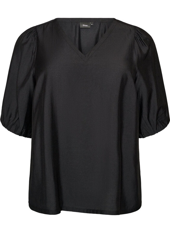 Viskosebluse med V-udsk&aelig;ring, Sort, Packshot image number 0