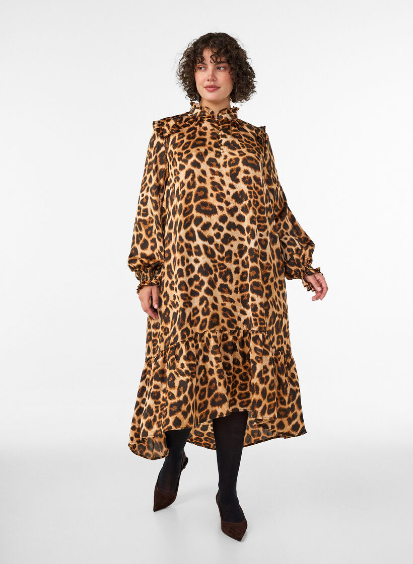 Kjole med leopardprint og fl&aelig;sedetaljer, Brun, Model image number 0