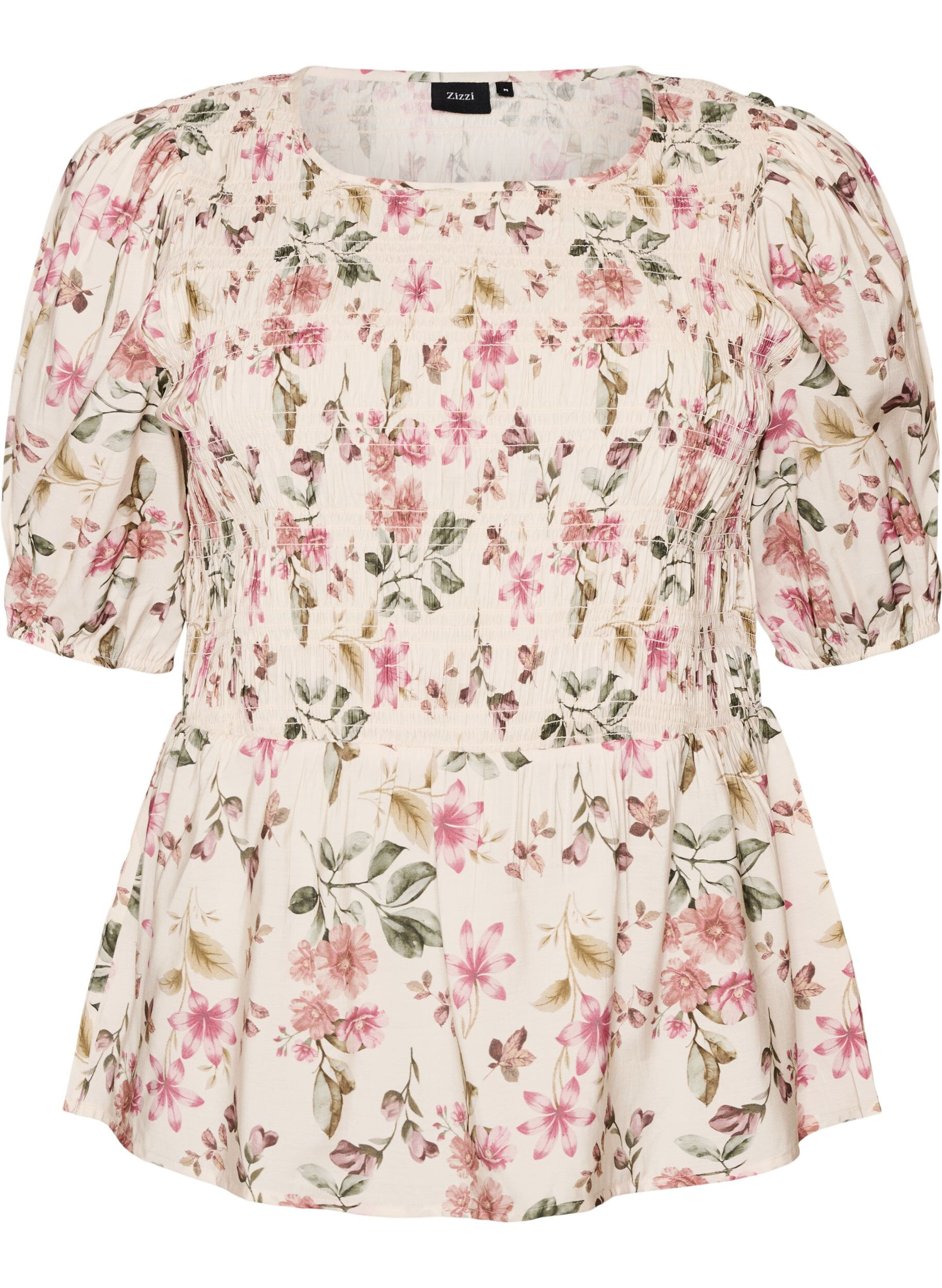 ZizziBluse i viskose med smock og peplum-effekt, Vanilla, Packshot image number 0