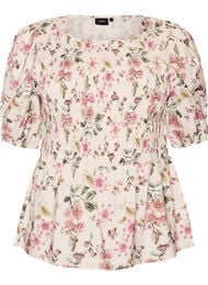 Bluse i viskose med smock og peplum-effekt, Vanilla