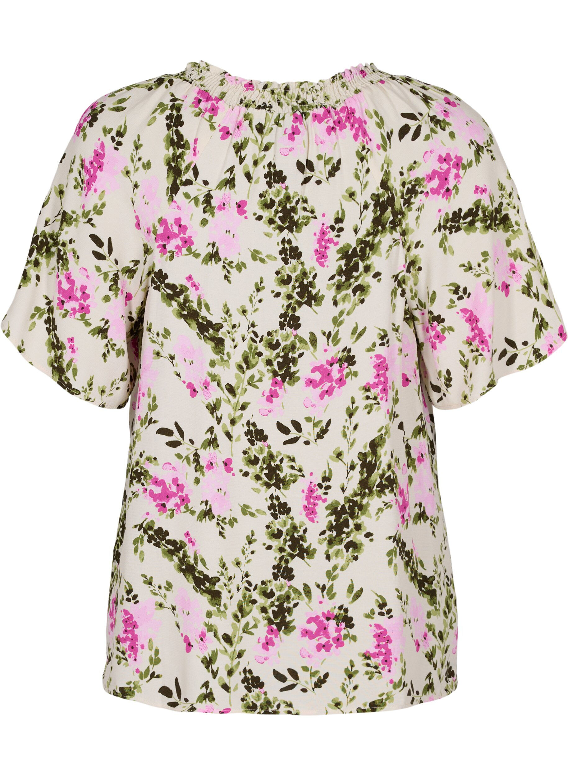 Zizzi Viskose bluse med korte &aelig;rmer, Green Pink AOP, Packshot image number 1