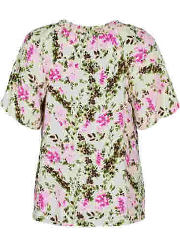 Viskose bluse med korte ærmer, Green Pink AOP, Packshot image number 1