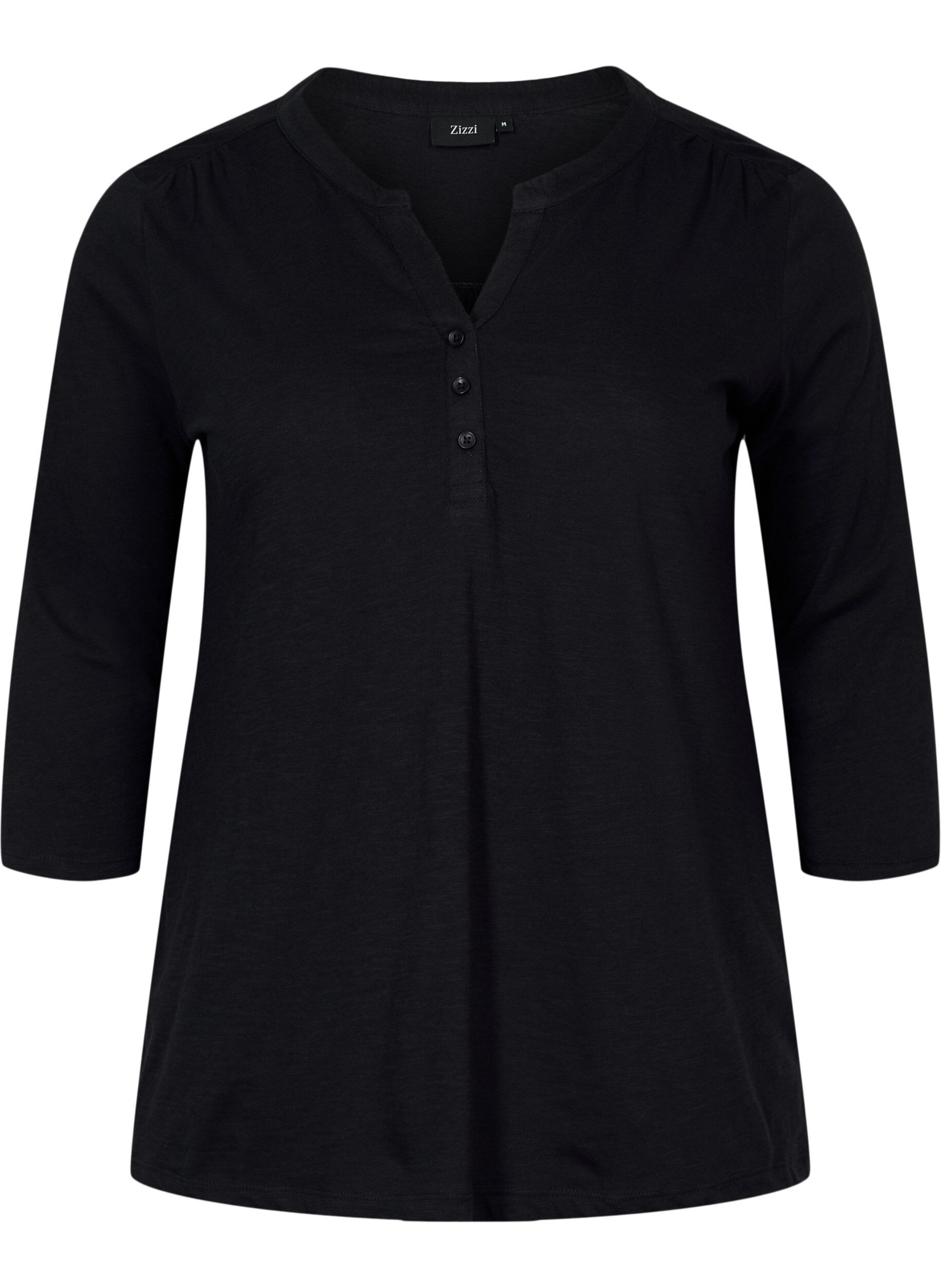 Zizzi Bomuldsbluse med 3/4 &aelig;rmer, Black, Packshot image number 0