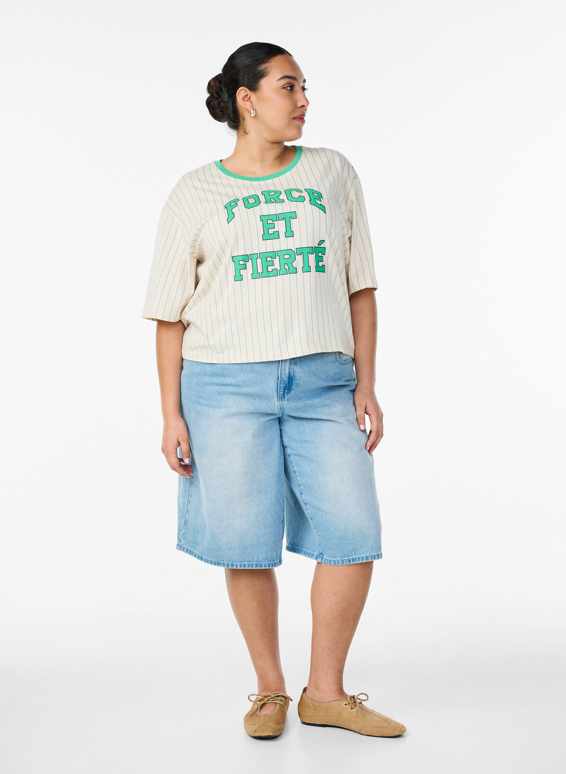 ZizziBoxy T-shirt med striber og statement-print, Vanilla, Model image number 1