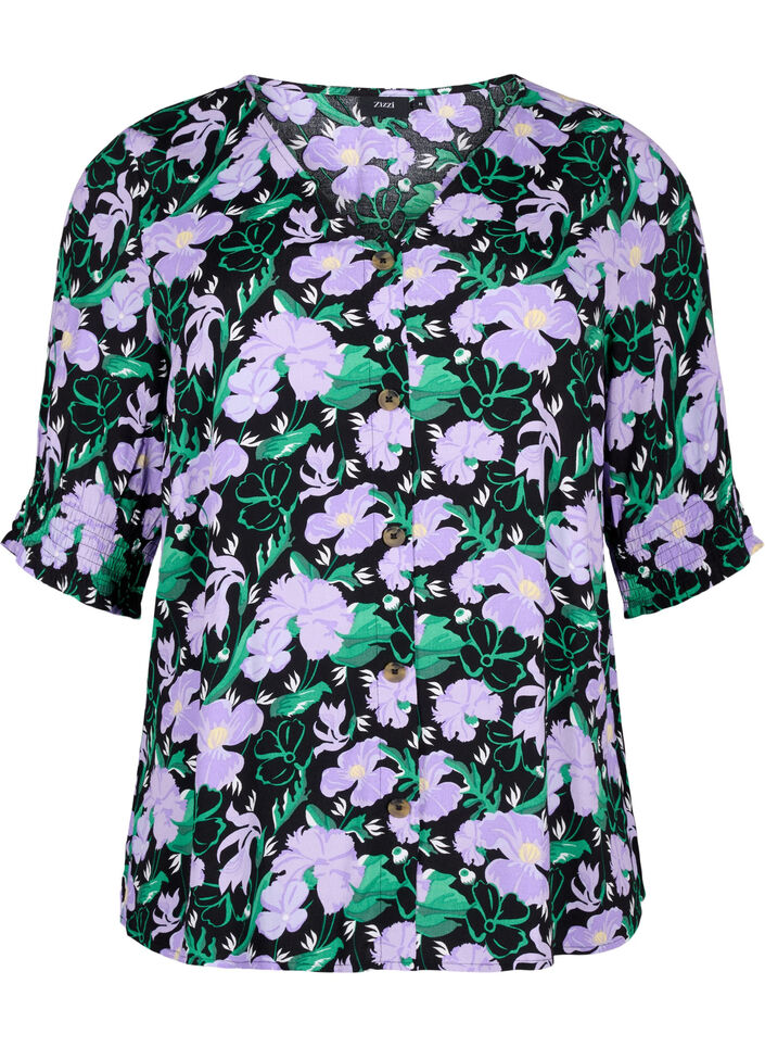 Viskosebluse med knapper, Black Small Flower, Packshot image number 0