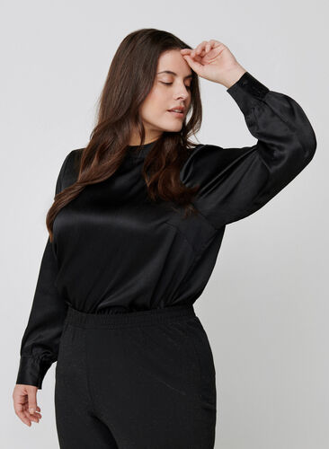 Shiny bluse med lange pufærmer, Black, Model image number 0