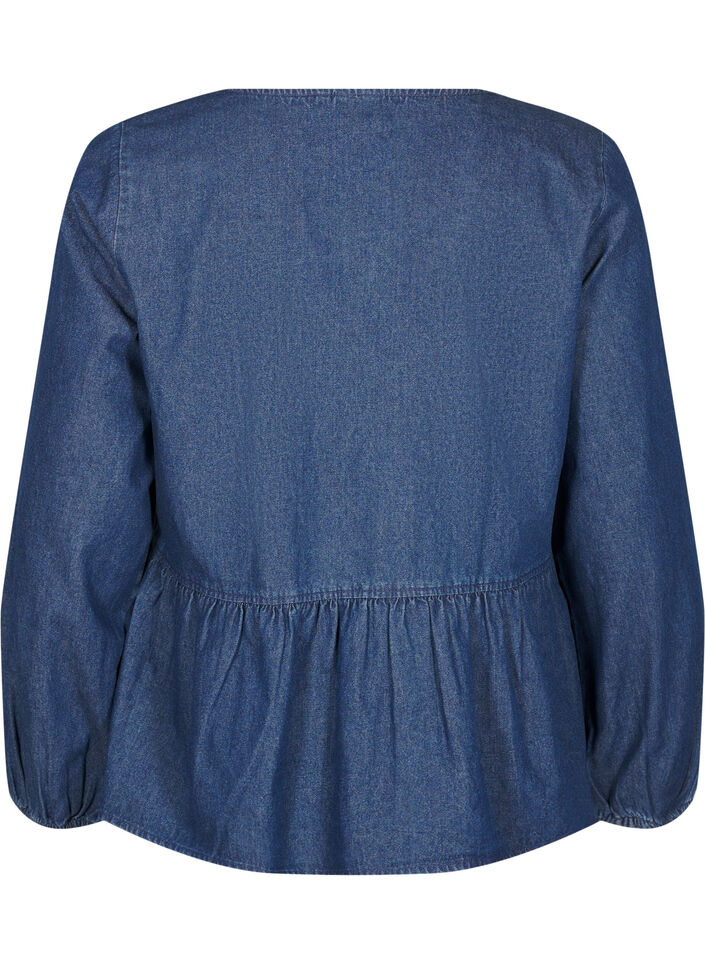 Peplum bluse i denim med bindelukning, Blå, Packshot image number 1