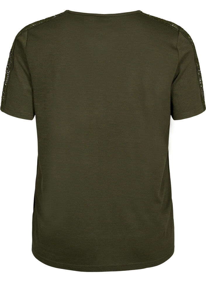 Kortærmet bluse med blonder og v-hals, Forest Night, Packshot image number 1