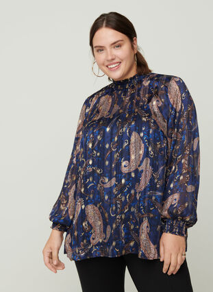 Printet bluse med høj hals og smock, Paisley Foil, Model image number 0