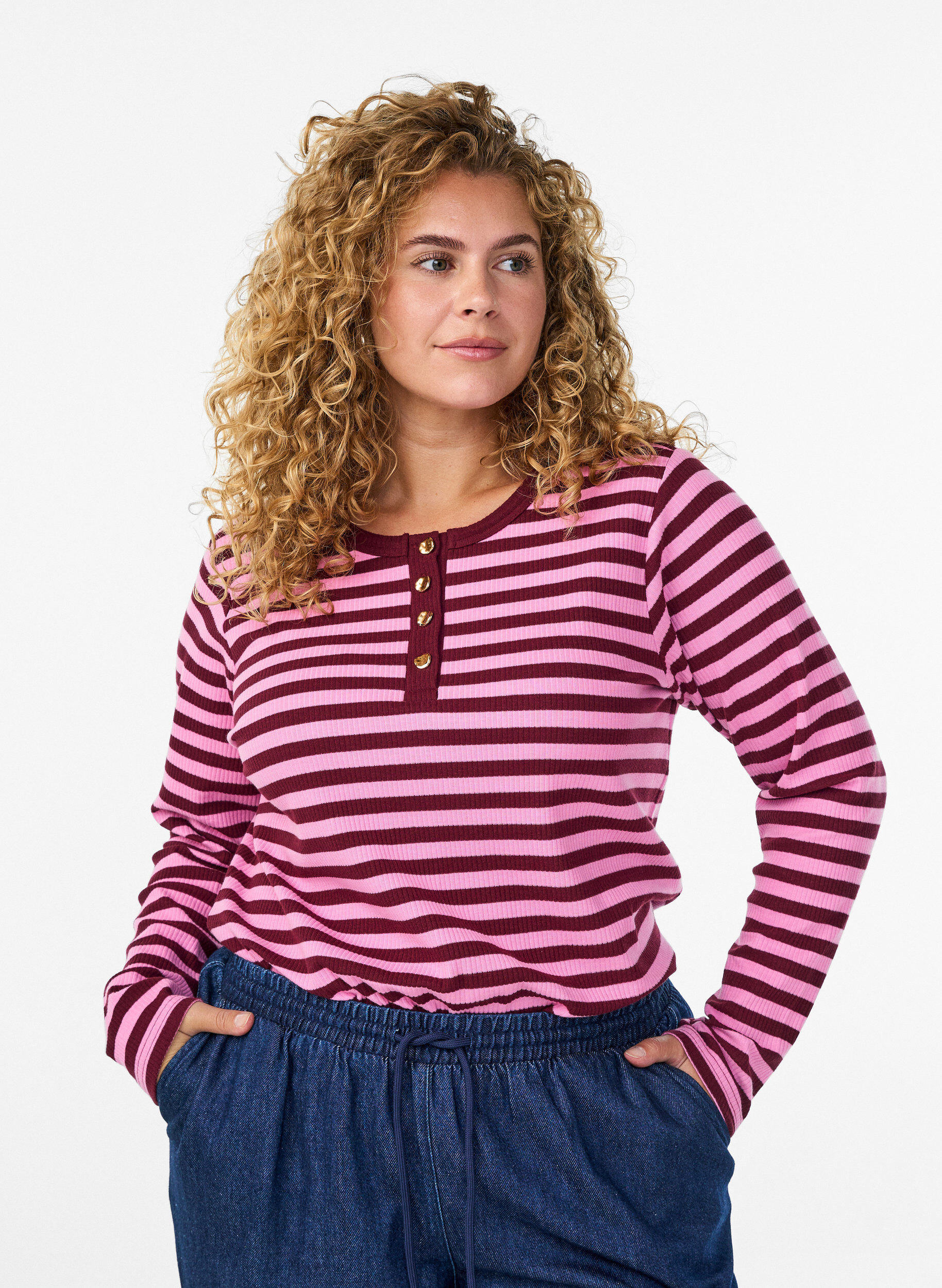 Zizzi Stribet jerseybluse med ribstruktur, Lyser&oslash;d, Model image number 0