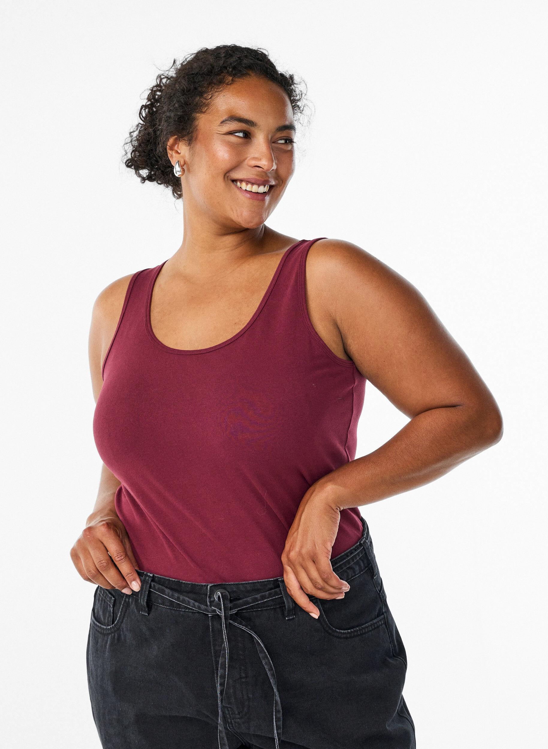 ZizziEnsfarvet basis top i bomuld, M&oslash;rk Bordeaux, Model image number 0