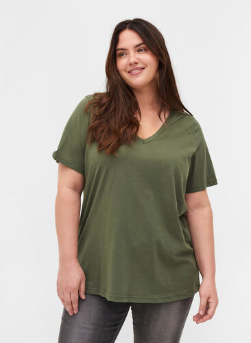 T-shirt i økologisk bomuld med v-udskæring, Thyme, Model image number 0