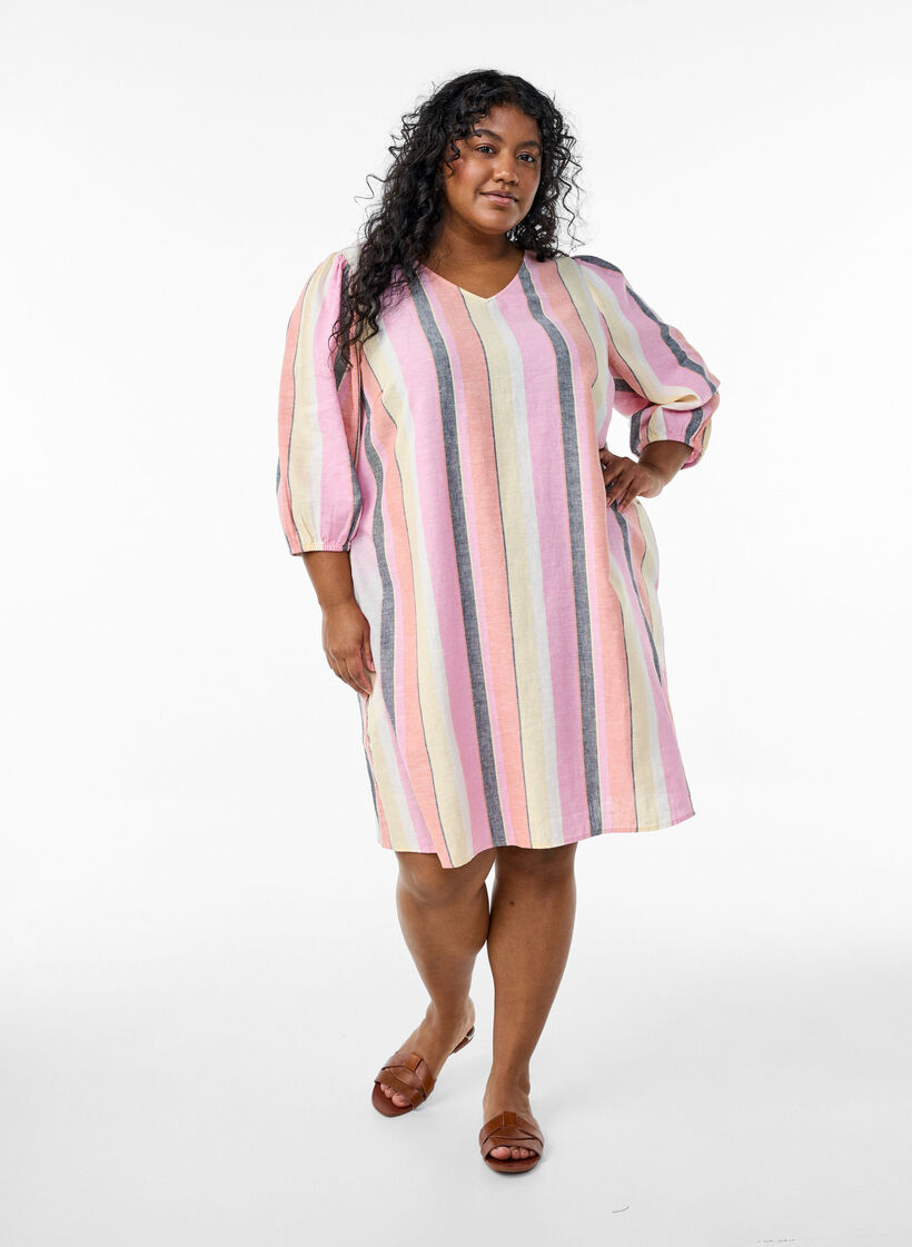 Kort kjole i h&oslash;r og viskose med 3/4 &aelig;rmer, Gul, Model image number 1