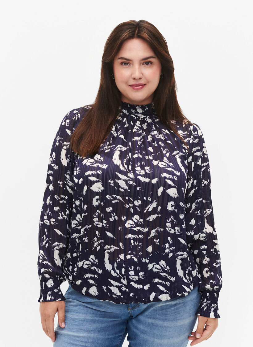 Printet bluse med smock, Blue Leaf AOP, Model image number 0