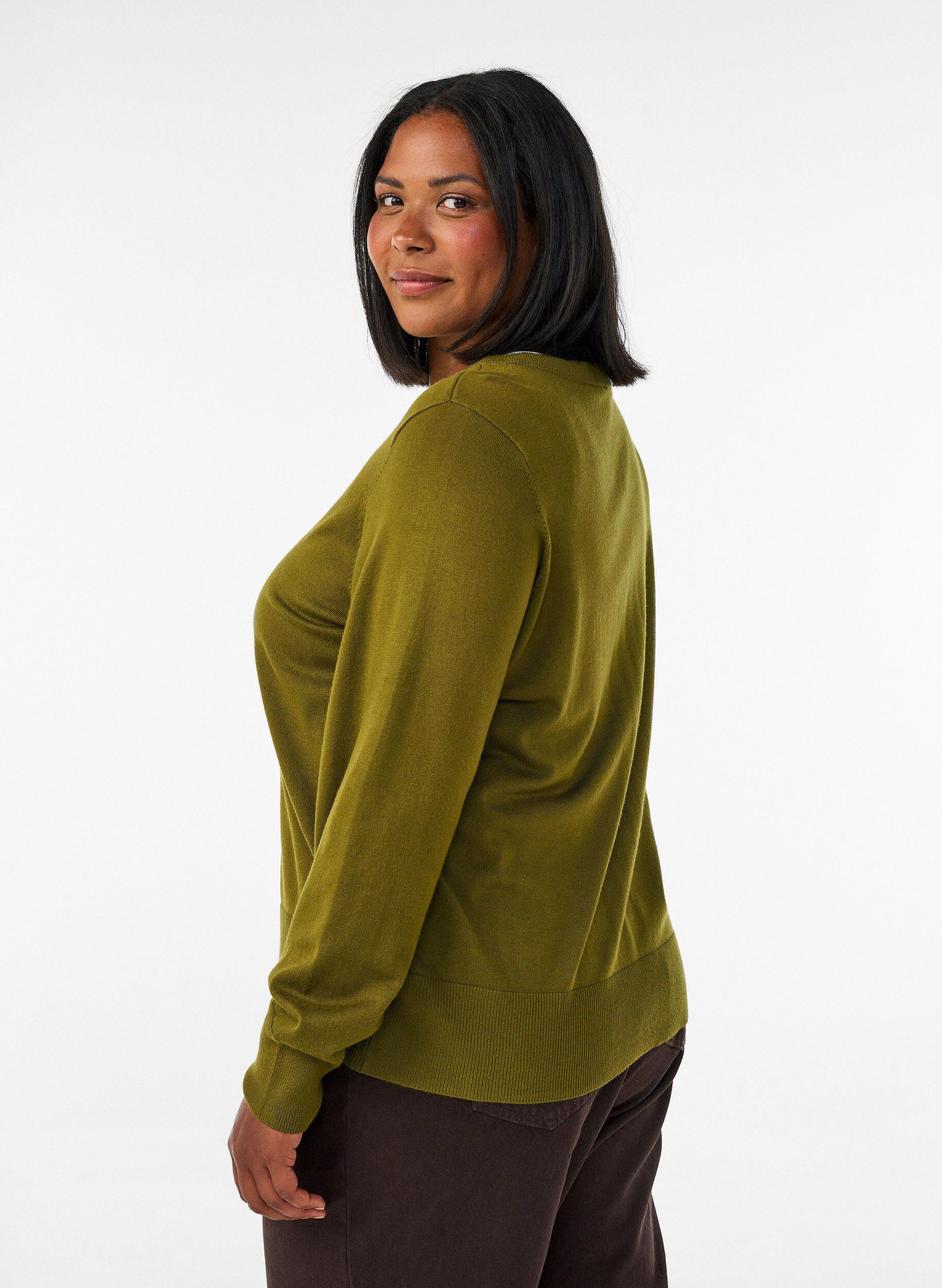 ZizziStrikcardigan med rund hals og knapper, Gr&oslash;n, Model image number 2