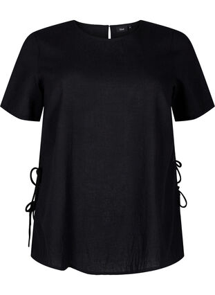 Kortærmet bluse i bomuldsmix med hør og snøredetalje, Black, Packshot image number 0