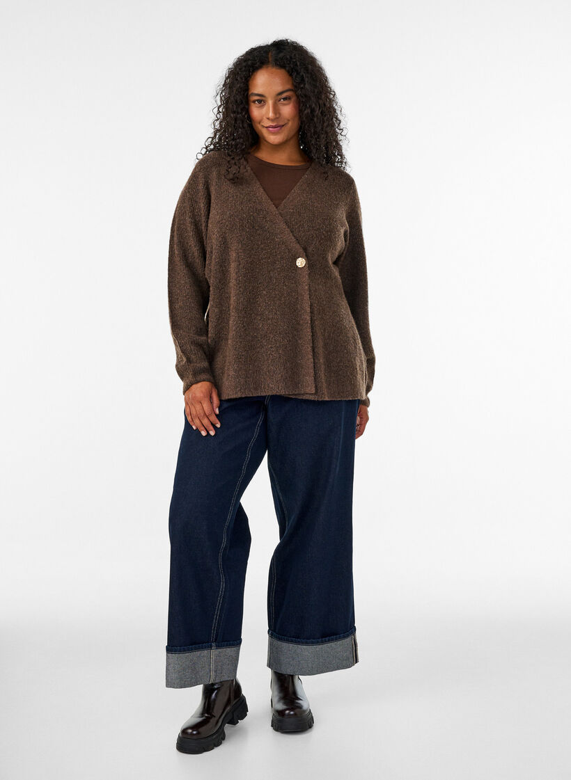 Strikket cardigan med asymmetrisk lukning, Brun, Model image number 1