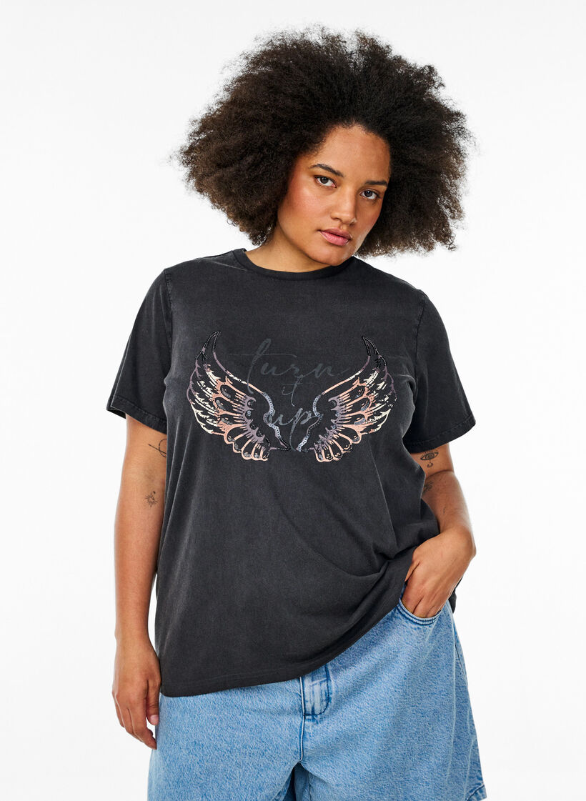 T-shirt i økologisk bomuld med statement print, Grå, Model image number 0