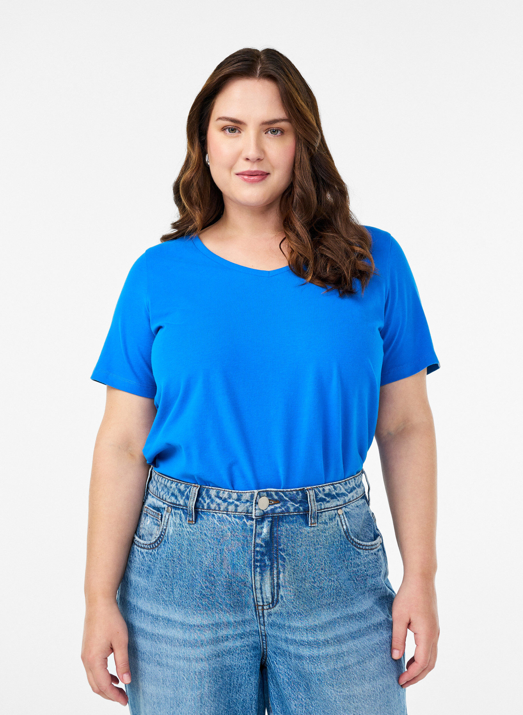 Ensfarvet basis t-shirt i bomuld, Bl&aring;, Model