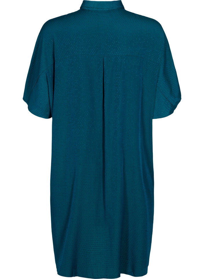 Kortærmet skjortekjole med prikket struktur, Deep Teal, Packshot image number 1