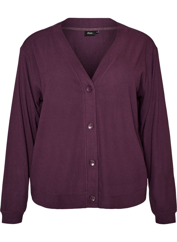 Jerseycardigan med ribstruktur og V-hals, Lilla, Packshot image number 0