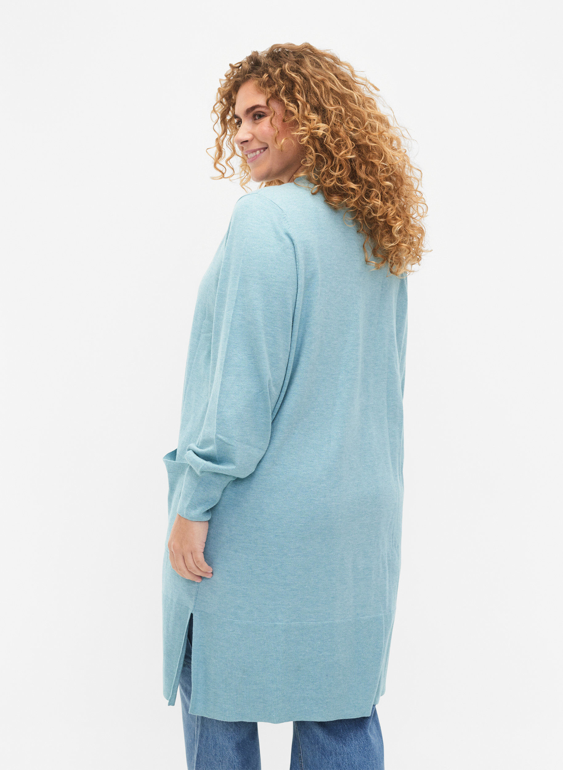 Zizzi Lang strikket cardigan med lommer, Reef Waters Mel., Model image number 1