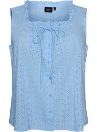 &AElig;rmel&oslash;s bluse med broderie anglaise og fl&aelig;ser, Bl&aring;