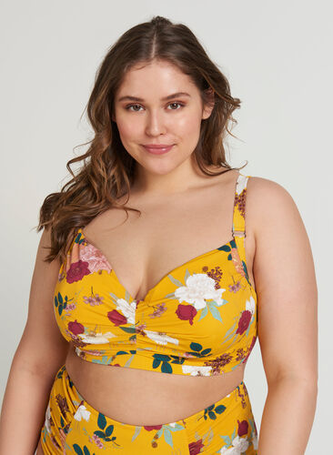 Bikini overdel med blomsterprint, Yellow Flower Print, Model image number 0