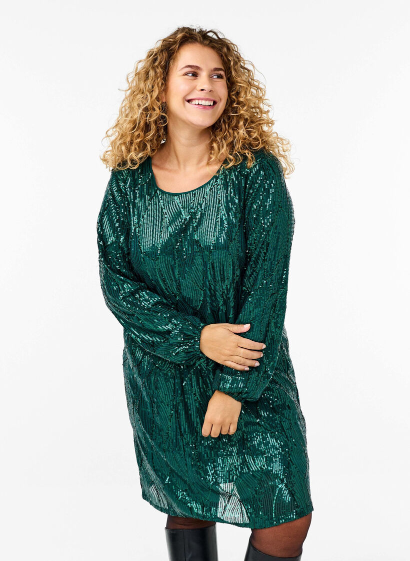 Langærmet pailletkjole med mønster, Rain Forest, Model image number 0
