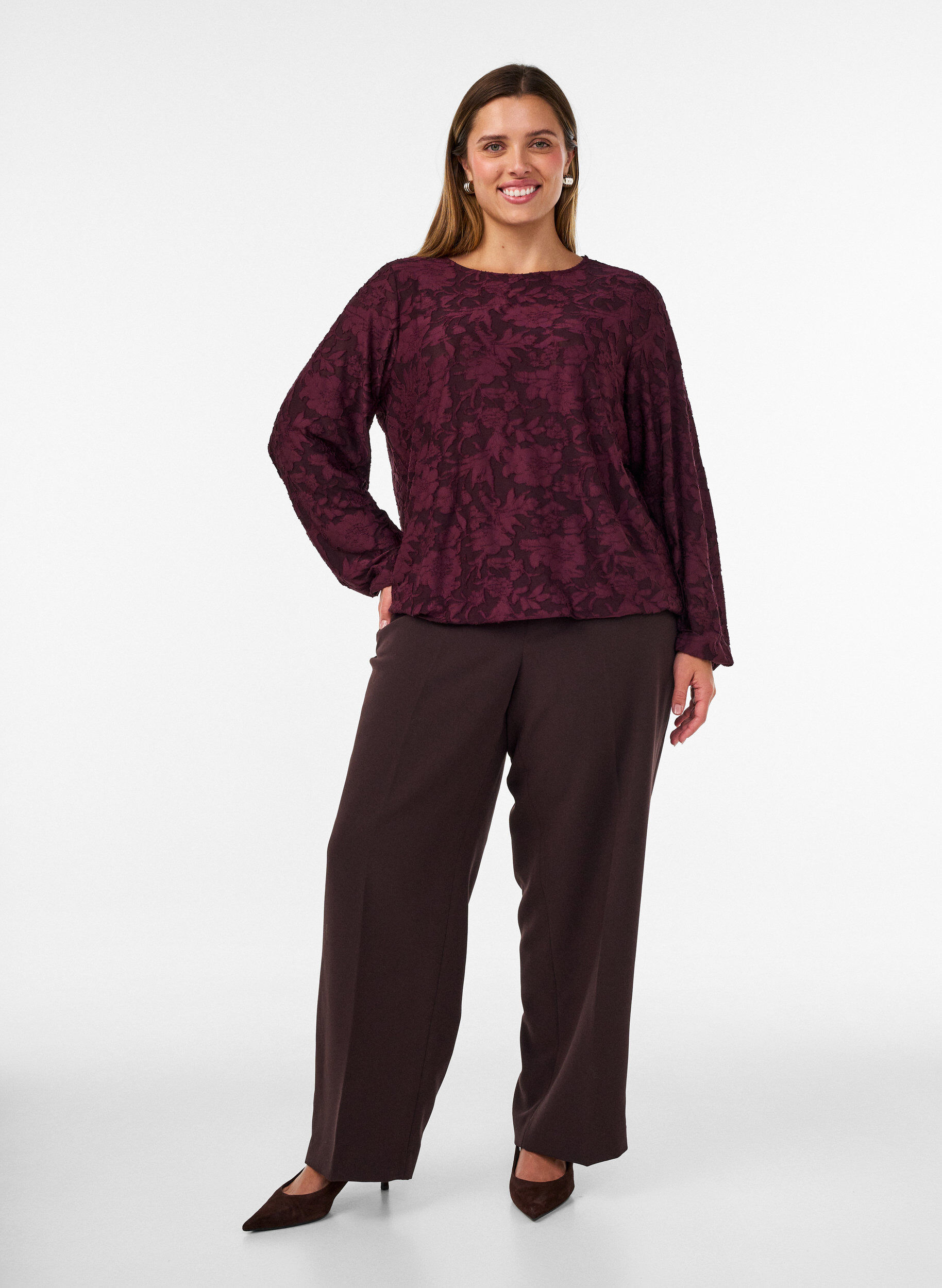 ZizziTransparent bluse med blomsterstruktur og lange &aelig;rmer, R&oslash;d, Model image number 1