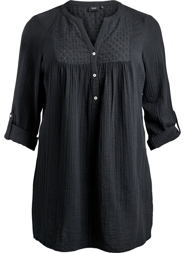 Tunika i bomuldsmusselin med broderi anglaise, Sort, Packshot image number 0
