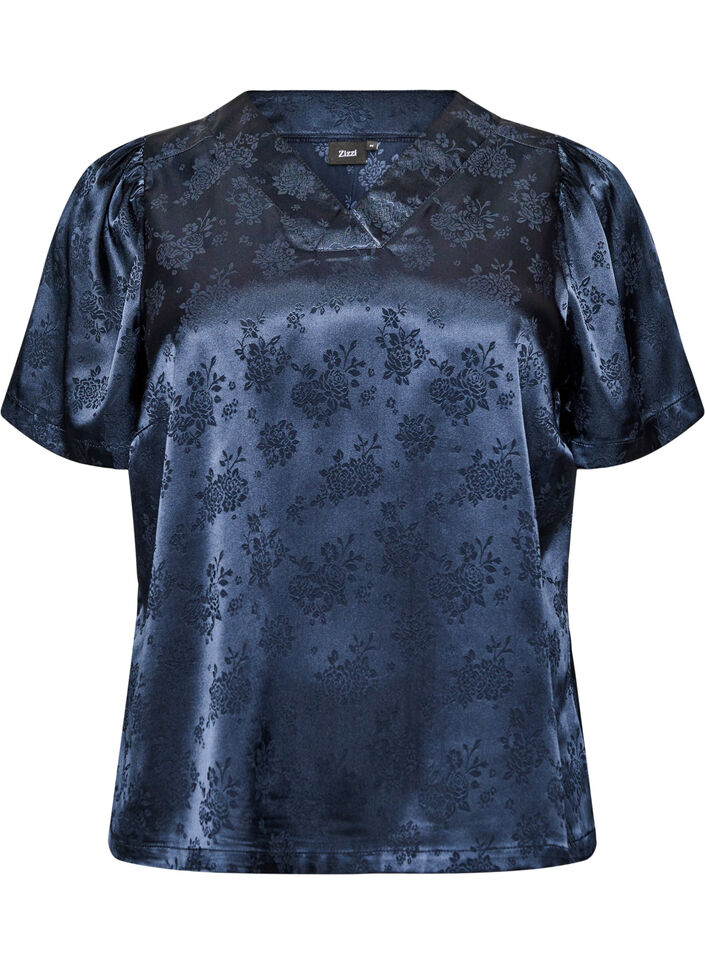 Satinbluse med blomsterm&oslash;nster og V-udsk&aelig;ring, Bl&aring;, Packshot image number 0