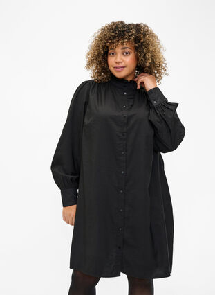 Skjortekjole i viskose med flæser, Black, Model image number 0