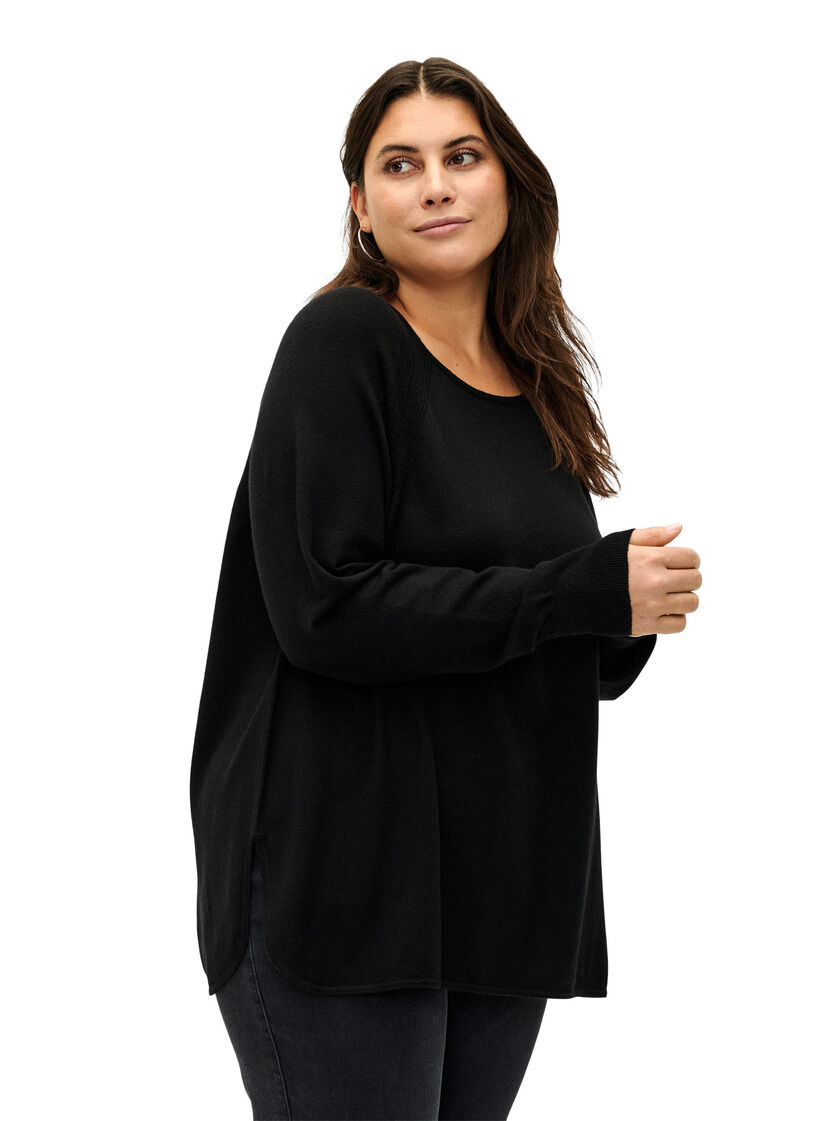 Strikbluse med raglanærmer, Black, Model image number 0