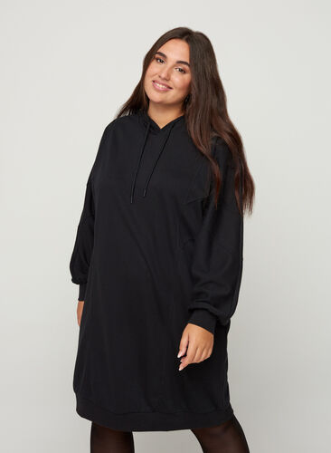 Langærmet sweatkjole med hætte, Black, Model image number 0