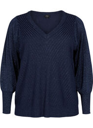 Strikbluse med glimmer og V-hals, Naval A.w.Blue Lurex