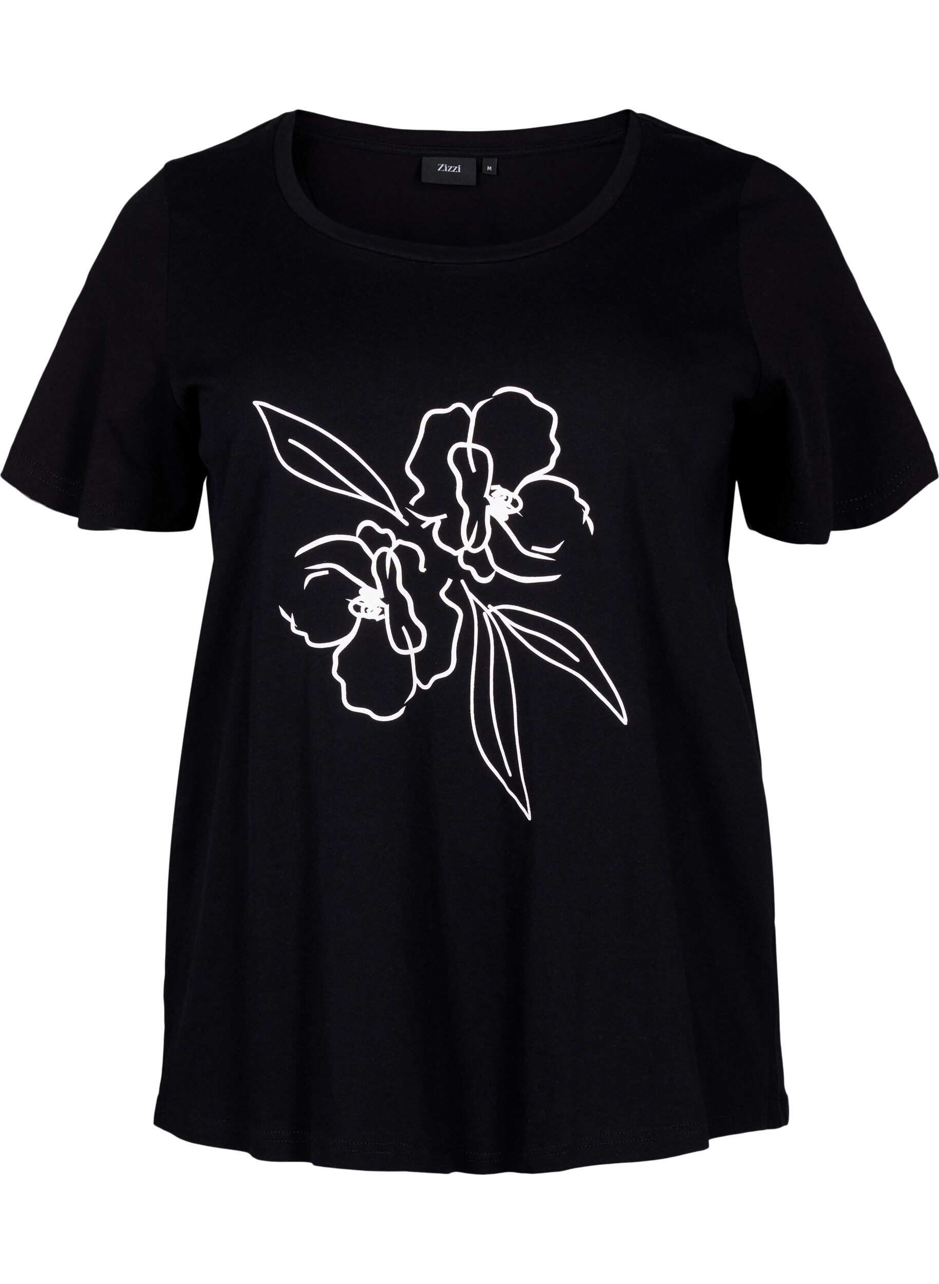Zizzi Bomulds t-shirt med motiv, Black w. Flower, Packshot image number 0