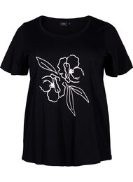 Bomulds t-shirt med motiv, Black w. Flower