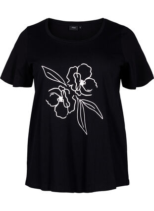 Bomulds t-shirt med motiv, Black w. Flower, Packshot image number 0