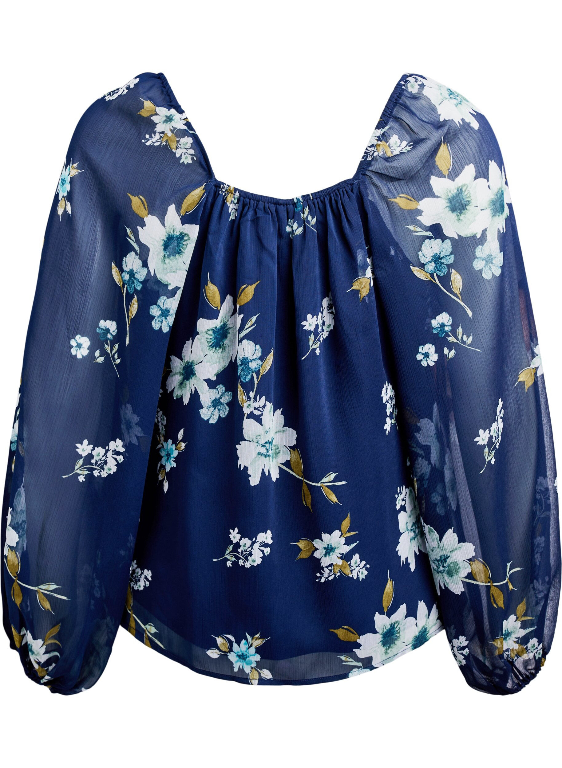 ZizziChiffonbluse med blomster og lange &aelig;rmer, Bl&aring;, Packshot image number 1