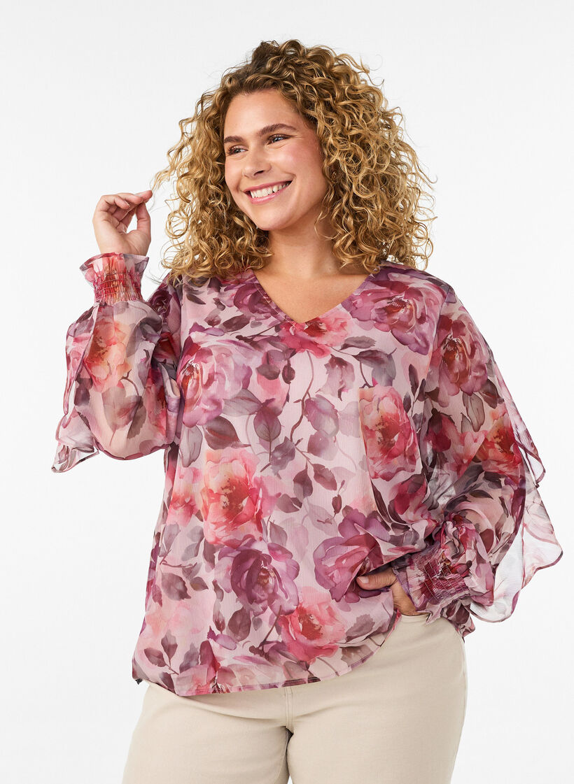 Blomstret bluse med V-udsk&aelig;ring og fl&aelig;se&aelig;rmer, Lyser&oslash;d, Model image number 0