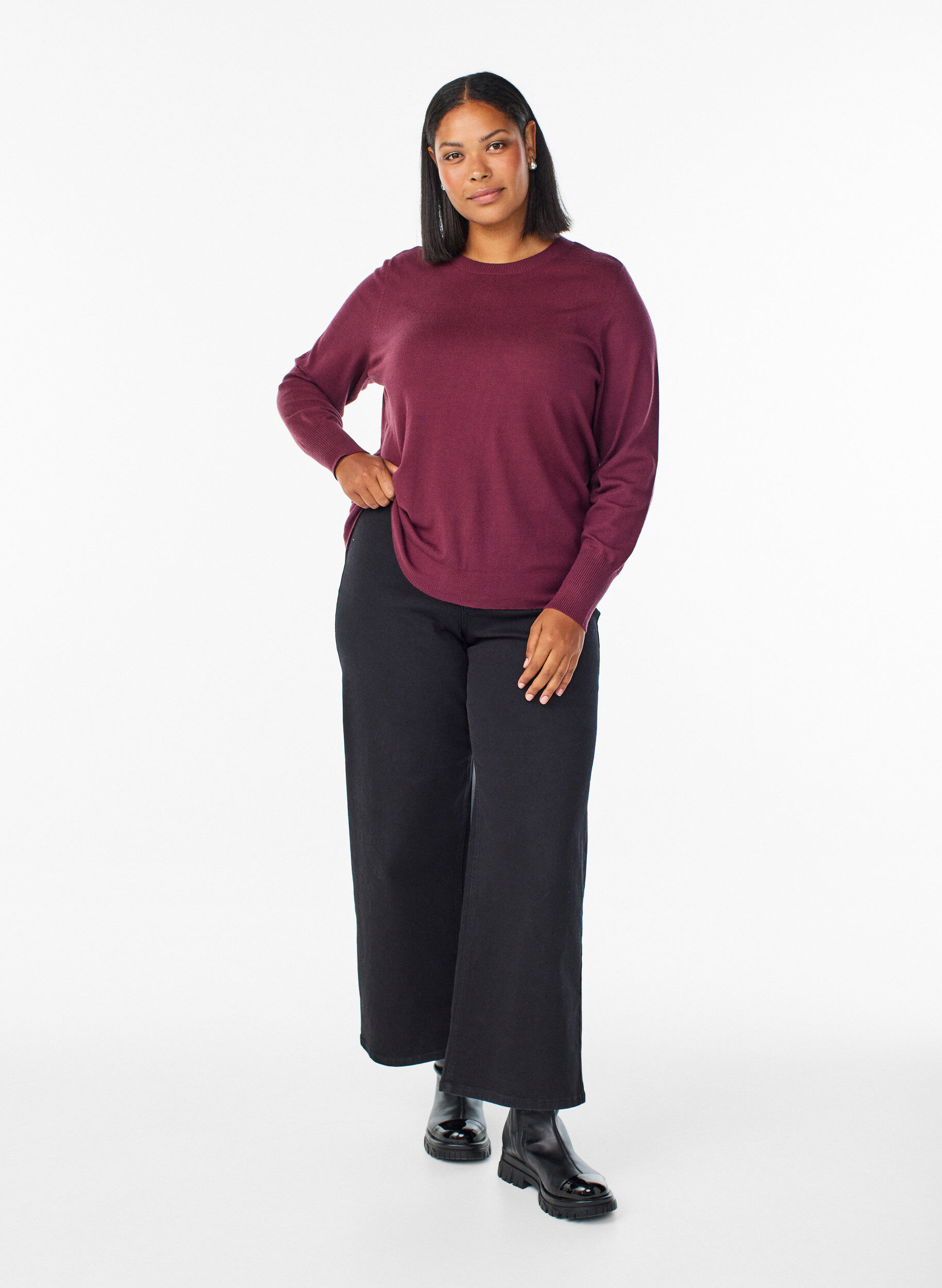 ZizziStrikbluse med rund hals, R&oslash;d, Model image number 1