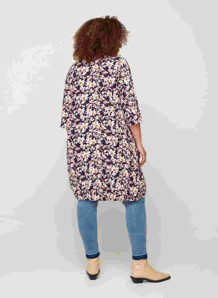Viskose kjole med 3/4 ærmer, Blue/Pink Flower, Model image number 1