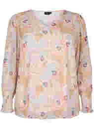 Blomstret bluse med lange ærmer og v-hals, Yellow/Pink AOP