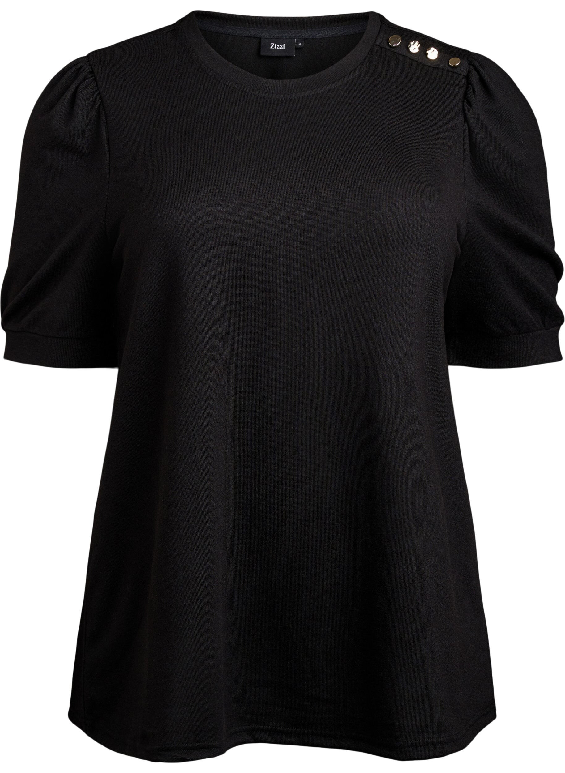 ZizziBluse med knapdetalje og korte puf&aelig;rmer, Sort, Packshot image number 0
