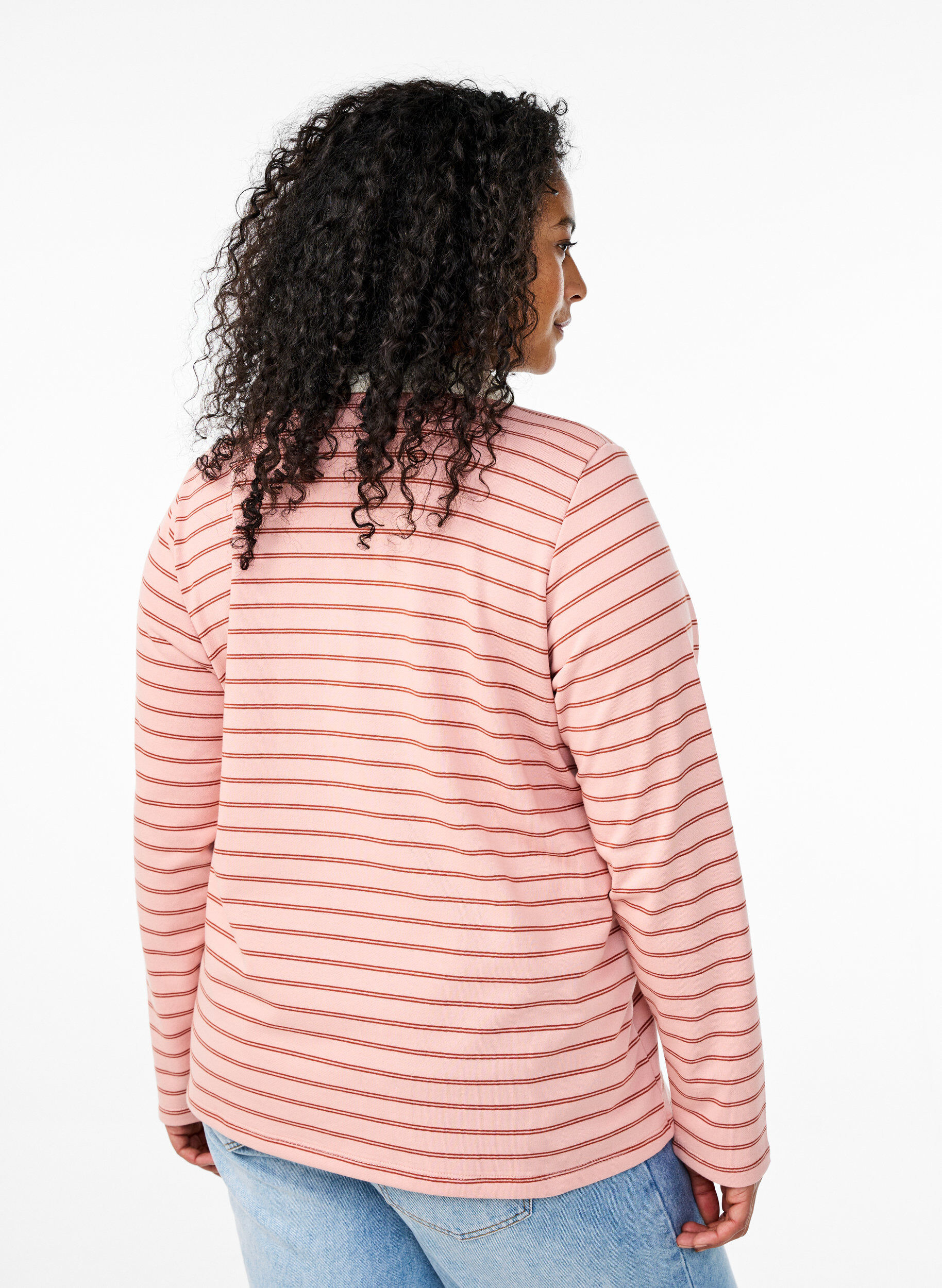 Zizzi Stribet poloshirt med lynl&aring;s, Lyser&oslash;d, Model image number 2