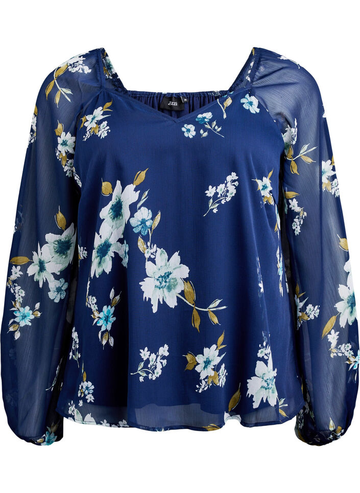 Chiffonbluse med blomster og lange &aelig;rmer , Bl&aring;, Packshot image number 0