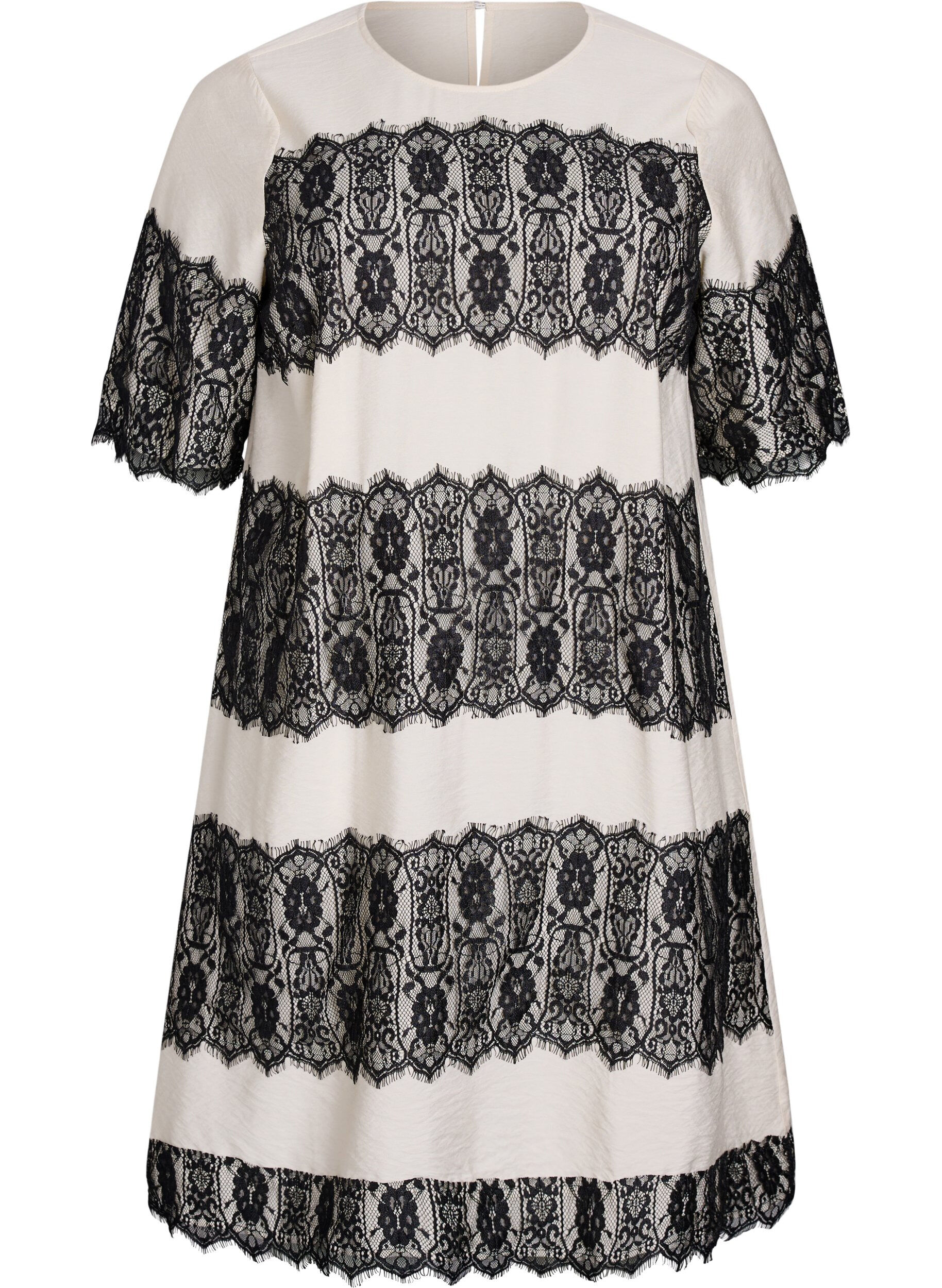 Kort kjole med kontrastfarvede blondepaneler