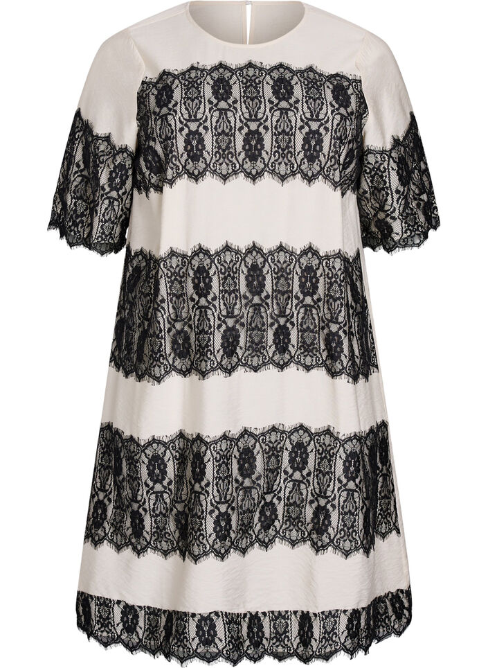 Kort kjole med kontrastfarvede blondepaneler, Beige, Packshot image number 0